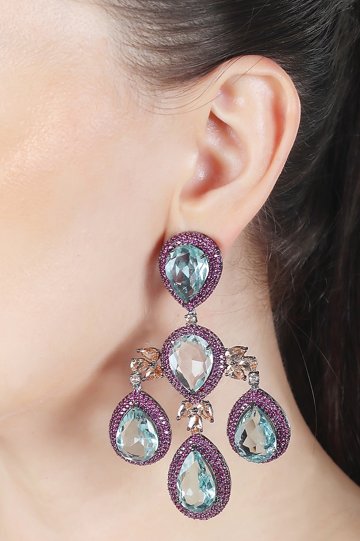 White Finish Aquamarine Doublet & Pink Cubic Zirconia Chandelier Dangler Earrings by Akulya Jewels at Pernia's Pop Up Shop