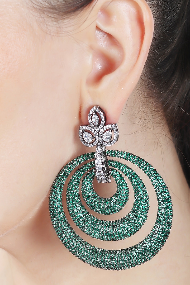 White Finish Emerald Green Cubic Zirconia Concentric Hoop Earrings by Akulya Jewels at Pernia's Pop Up Shop