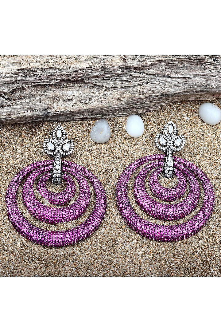 White Finish Pink Cubic Zirconia Concentric Hoop Earrings by Akulya Jewels at Pernia's Pop Up Shop