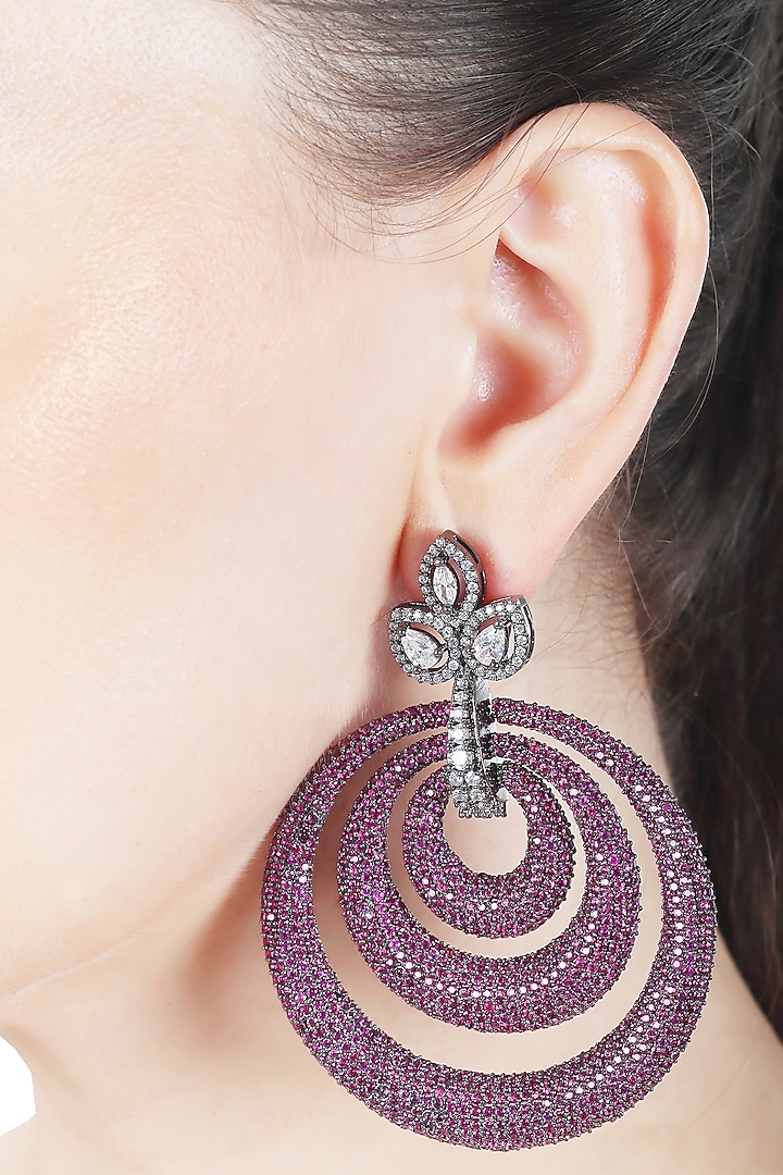 White Finish Pink Cubic Zirconia Concentric Hoop Earrings by Akulya Jewels at Pernia's Pop Up Shop