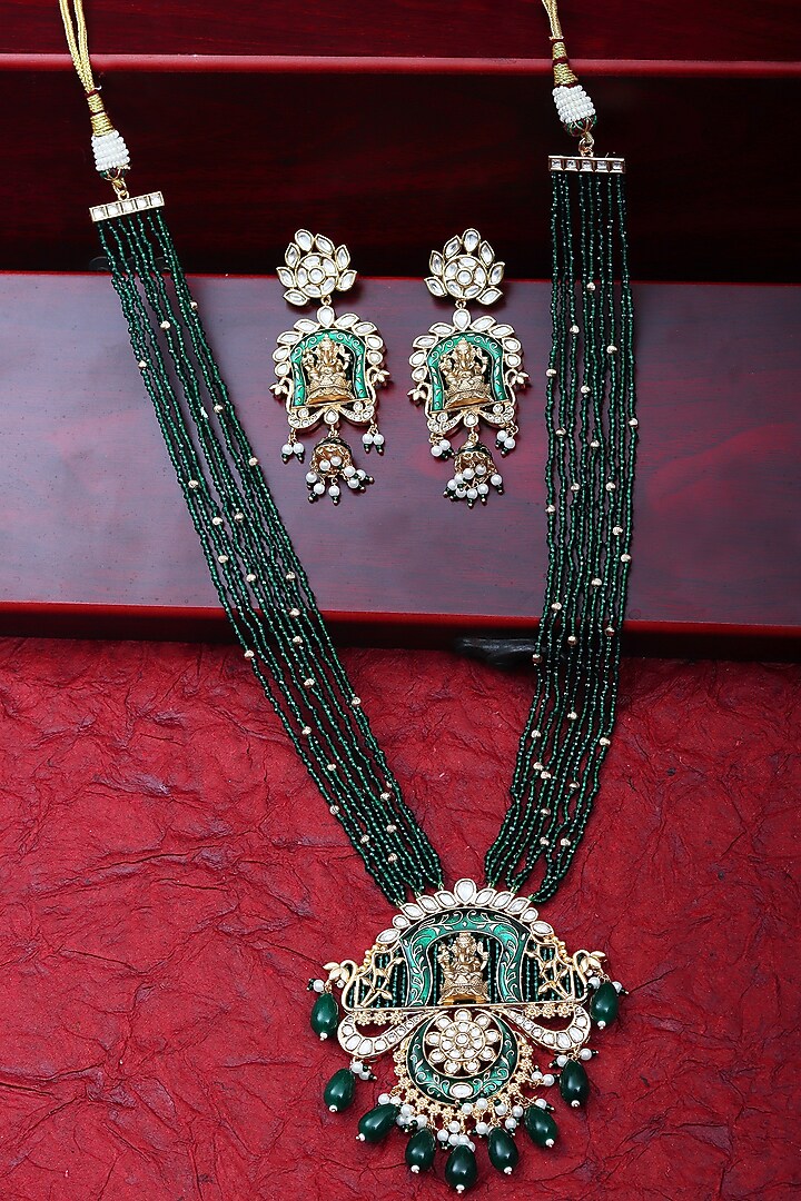 Gold Finish Beaded & Kundan Polki Meenakari Mala Set by Akulya Jewels at Pernia's Pop Up Shop