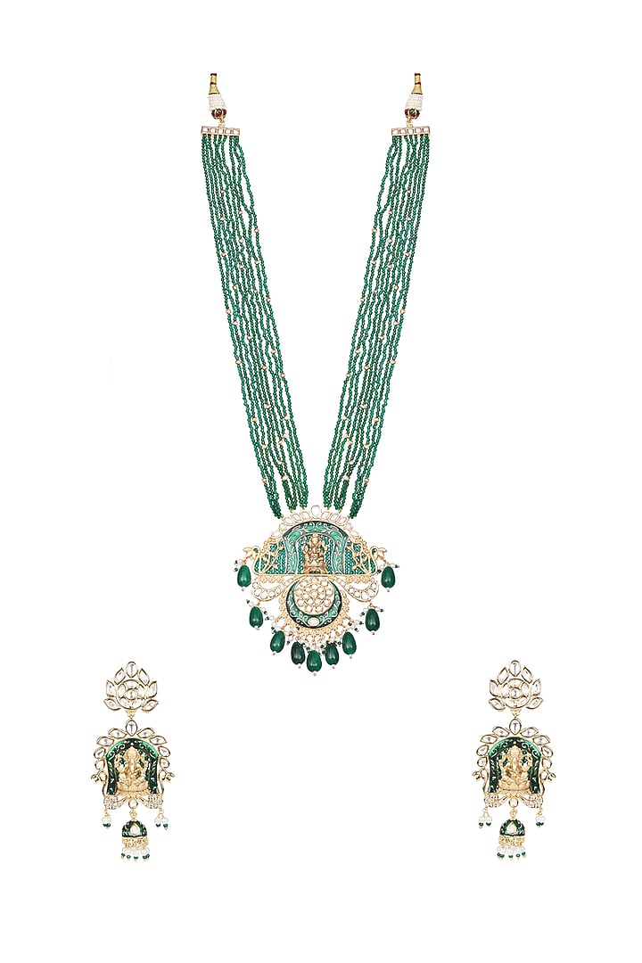 Gold Finish Beaded & Kundan Polki Meenakari Mala Set by Akulya Jewels at Pernia's Pop Up Shop