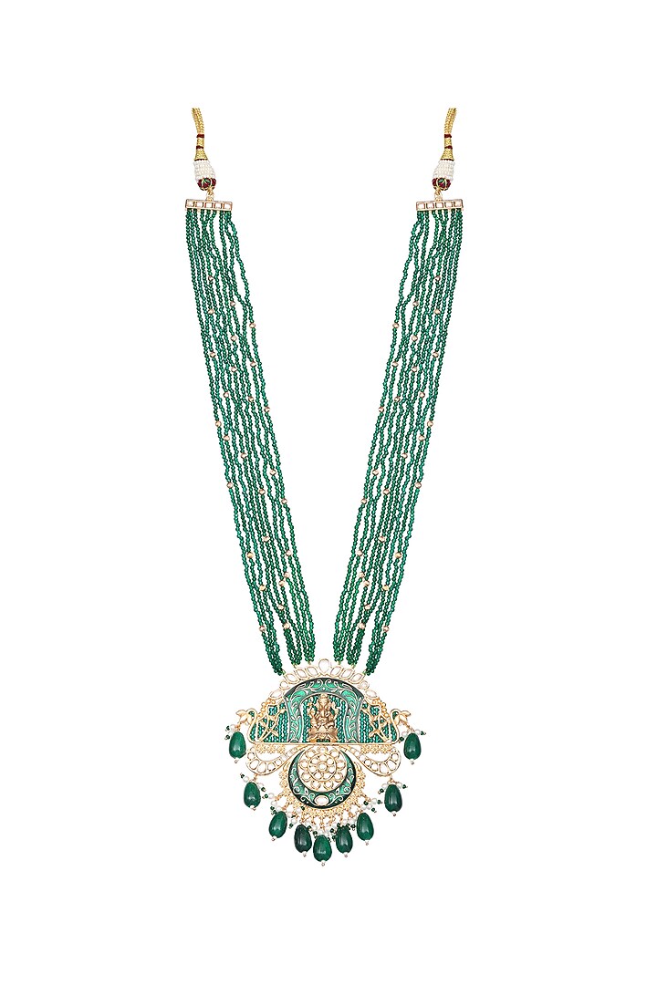 Gold Finish Beaded & Kundan Polki Meenakari Mala Set by Akulya Jewels at Pernia's Pop Up Shop