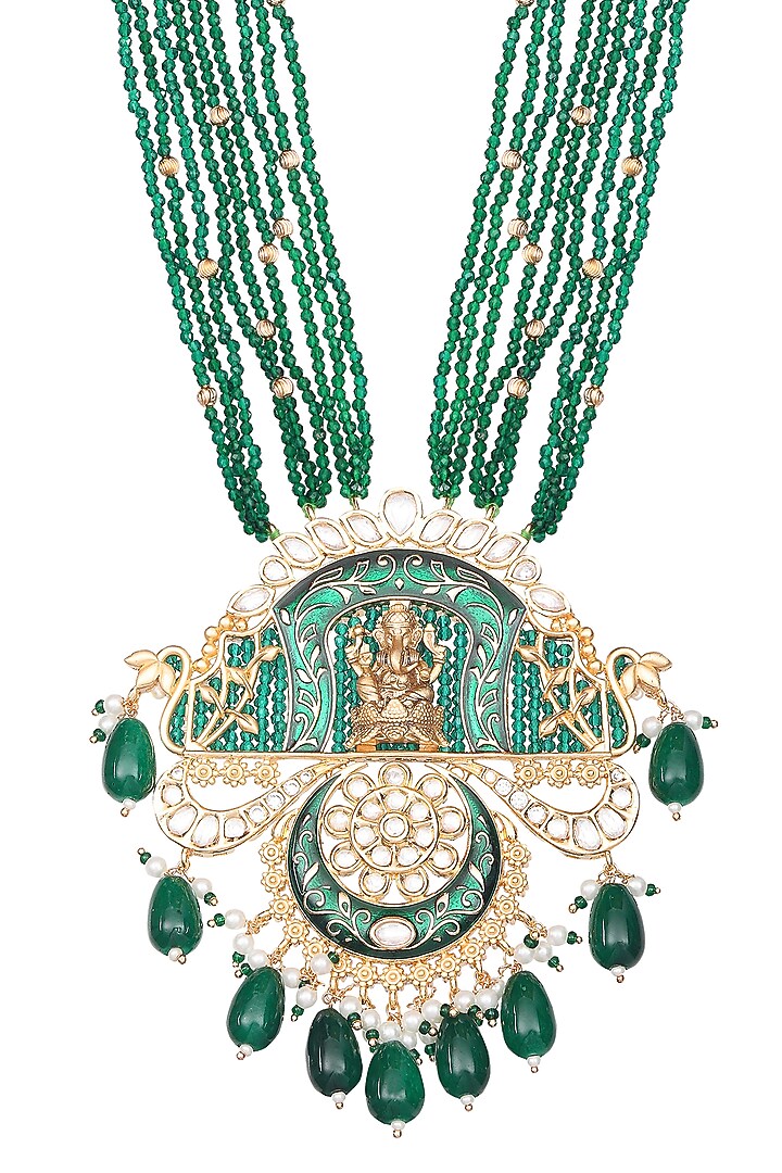 Gold Finish Beaded & Kundan Polki Meenakari Mala Set by Akulya Jewels at Pernia's Pop Up Shop