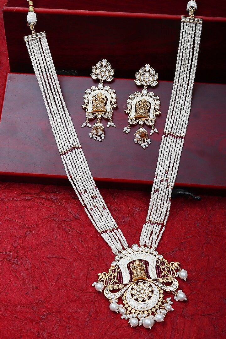 Gold Finish Beaded & Kundan Polki Meenakari Mala Set by Akulya Jewels at Pernia's Pop Up Shop