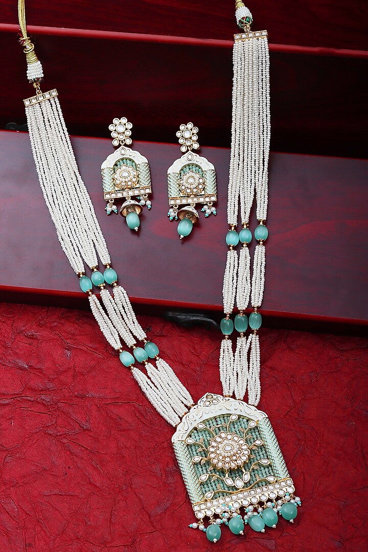 Gold Finish Beaded & Kundan Polki Meenakari Mala Set by Akulya Jewels at Pernia's Pop Up Shop
