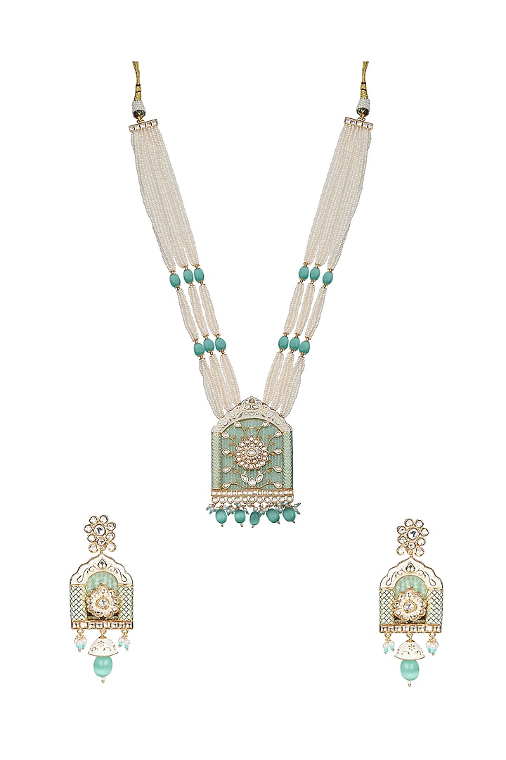 Gold Finish Beaded & Kundan Polki Meenakari Mala Set by Akulya Jewels at Pernia's Pop Up Shop