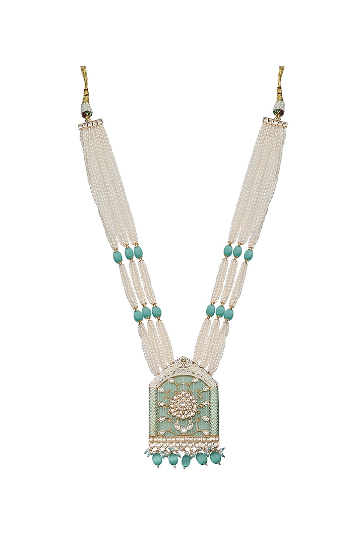 Gold Finish Beaded & Kundan Polki Meenakari Mala Set by Akulya Jewels at Pernia's Pop Up Shop