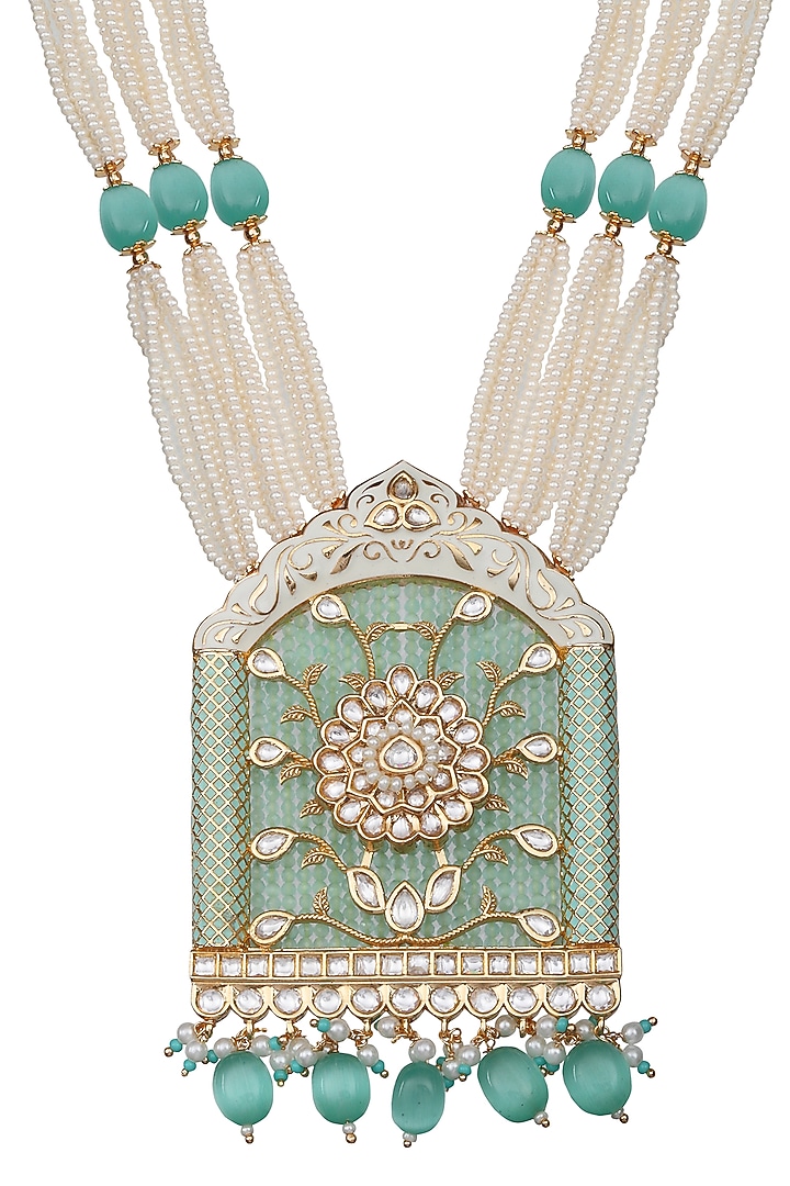 Gold Finish Beaded & Kundan Polki Meenakari Mala Set by Akulya Jewels at Pernia's Pop Up Shop