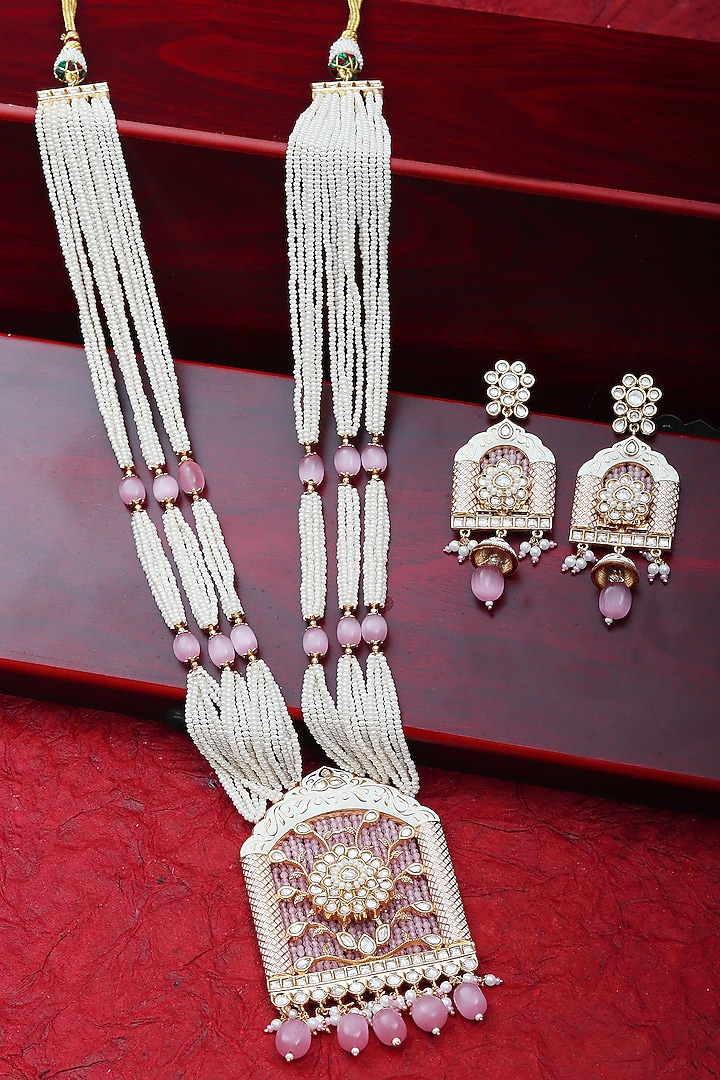 Gold Finish Beaded & Kundan Polki Meenakari Mala Set by Akulya Jewels at Pernia's Pop Up Shop