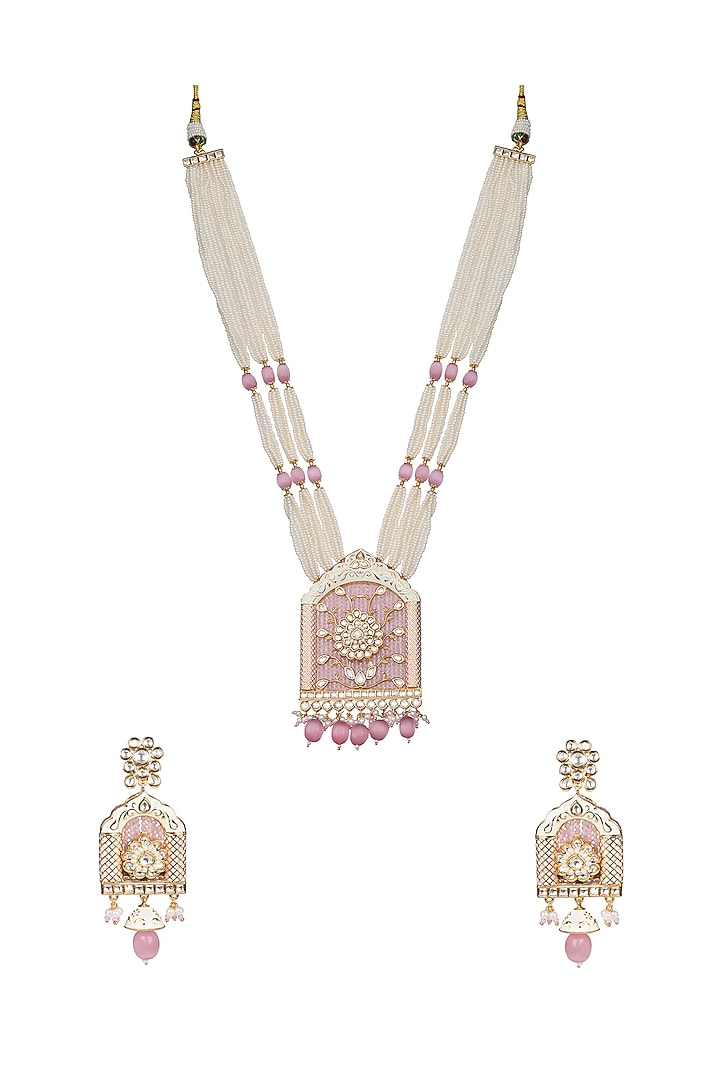 Gold Finish Beaded & Kundan Polki Meenakari Mala Set by Akulya Jewels at Pernia's Pop Up Shop