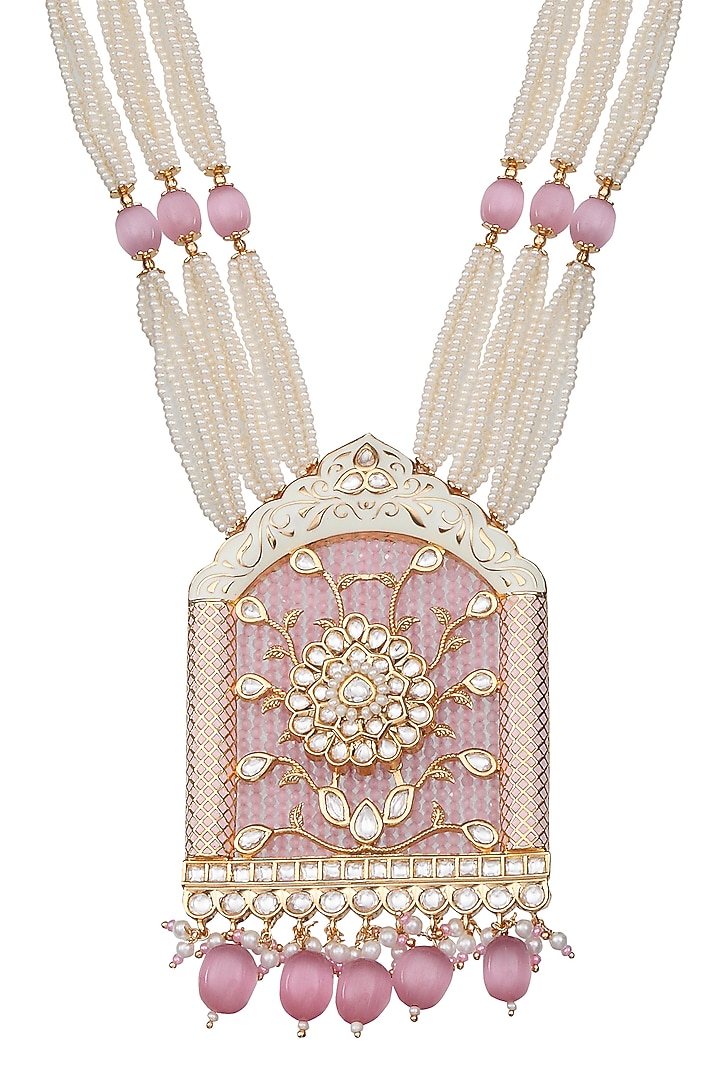 Gold Finish Beaded & Kundan Polki Meenakari Mala Set by Akulya Jewels at Pernia's Pop Up Shop