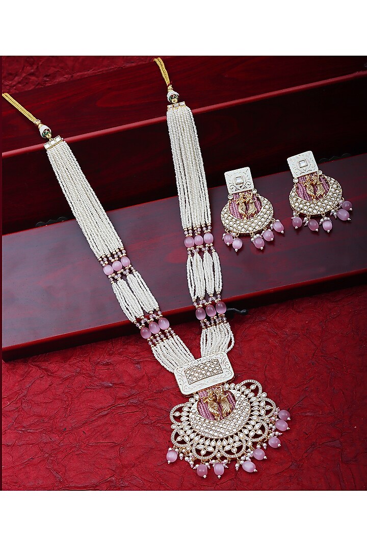 Gold Finish Beaded & Kundan Polki Meenakari Mala Set by Akulya Jewels at Pernia's Pop Up Shop