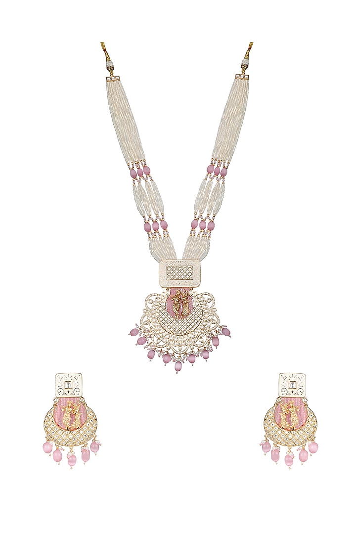Gold Finish Beaded & Kundan Polki Meenakari Mala Set by Akulya Jewels at Pernia's Pop Up Shop