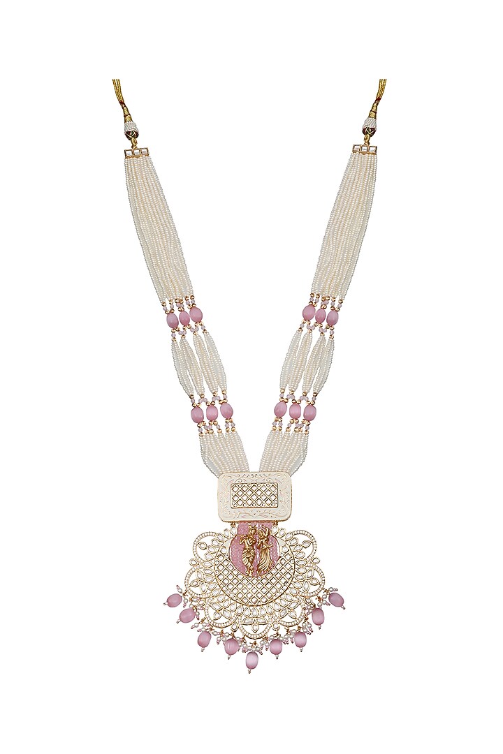 Gold Finish Beaded & Kundan Polki Meenakari Mala Set by Akulya Jewels at Pernia's Pop Up Shop