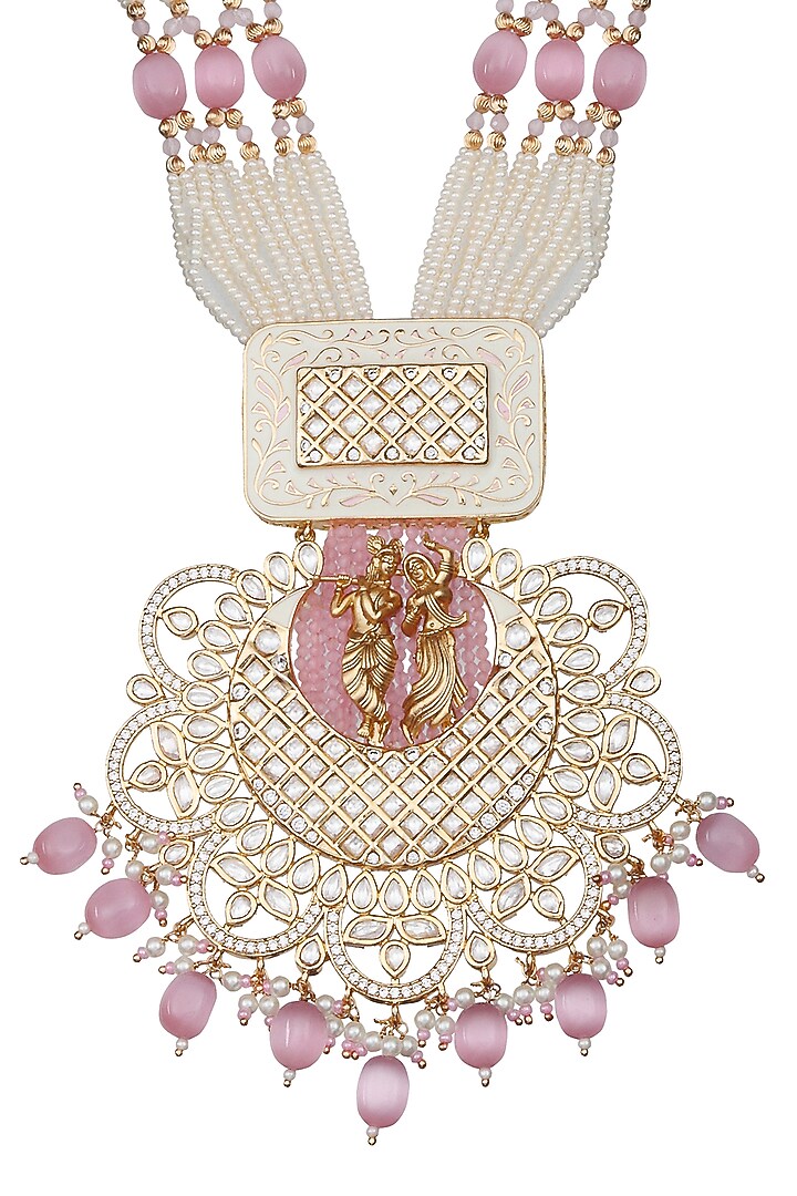 Gold Finish Beaded & Kundan Polki Meenakari Mala Set by Akulya Jewels at Pernia's Pop Up Shop