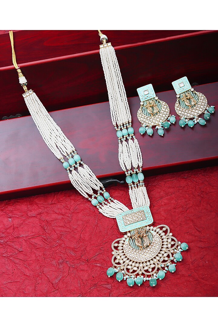 Gold Finish Beaded & Kundan Polki Meenakari Mala Set by Akulya Jewels at Pernia's Pop Up Shop