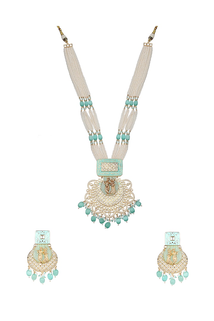 Gold Finish Beaded & Kundan Polki Meenakari Mala Set by Akulya Jewels at Pernia's Pop Up Shop
