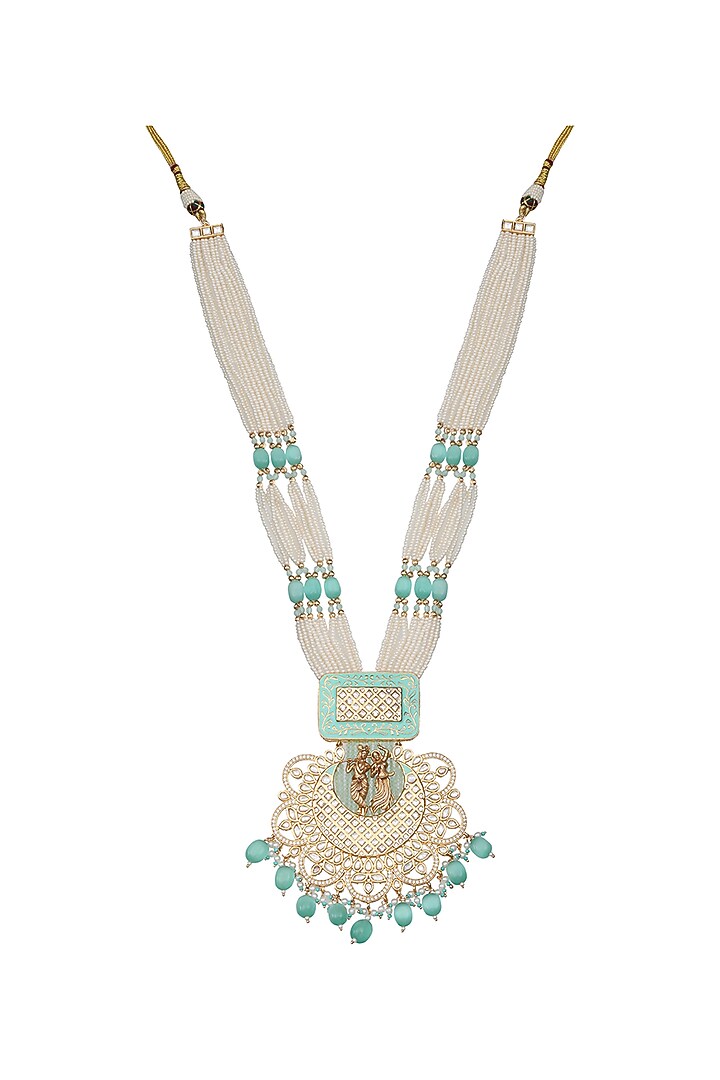 Gold Finish Beaded & Kundan Polki Meenakari Mala Set by Akulya Jewels at Pernia's Pop Up Shop