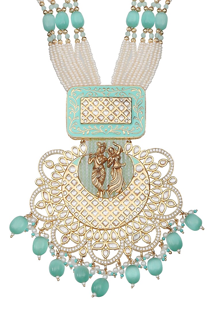 Gold Finish Beaded & Kundan Polki Meenakari Mala Set by Akulya Jewels at Pernia's Pop Up Shop