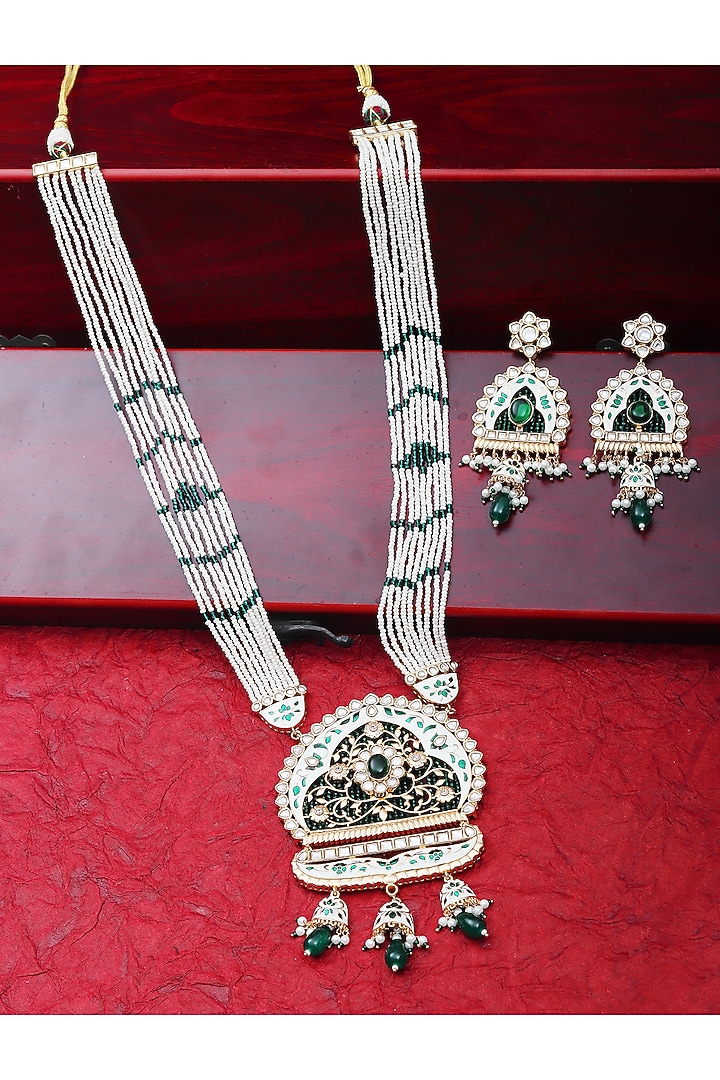 Gold Finish Beaded & Kundan Polki Meenakari Mala Set by Akulya Jewels at Pernia's Pop Up Shop