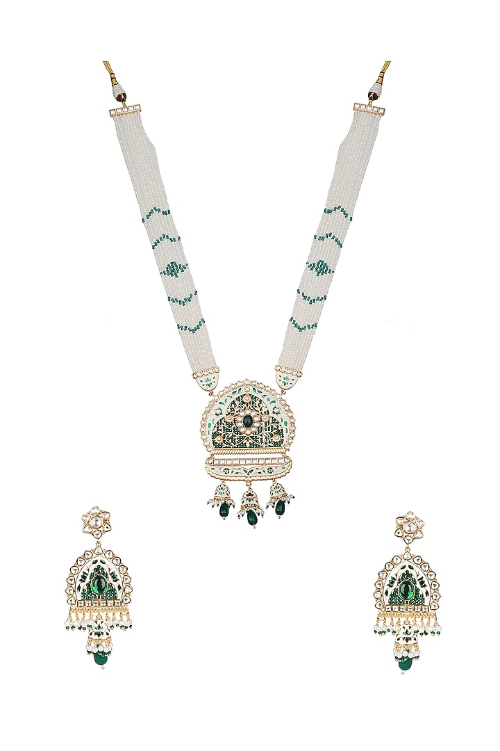Gold Finish Beaded & Kundan Polki Meenakari Mala Set by Akulya Jewels at Pernia's Pop Up Shop