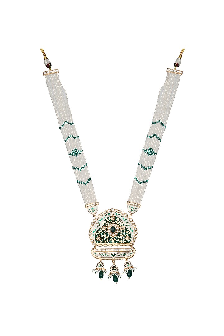 Gold Finish Beaded & Kundan Polki Meenakari Mala Set by Akulya Jewels at Pernia's Pop Up Shop