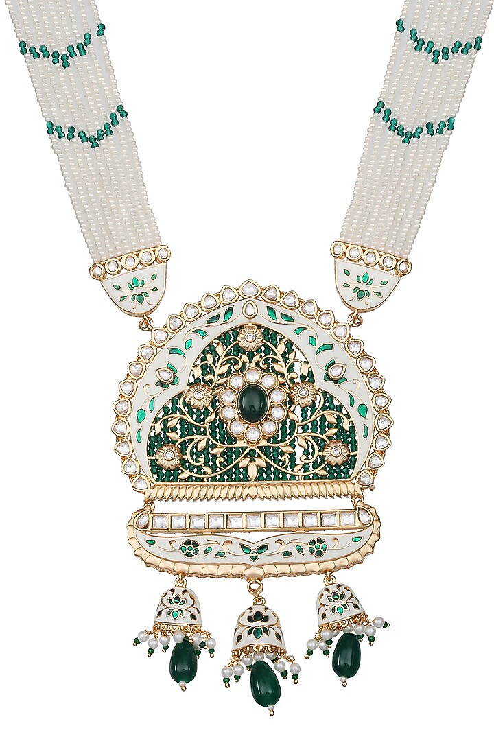 Gold Finish Beaded & Kundan Polki Meenakari Mala Set by Akulya Jewels at Pernia's Pop Up Shop