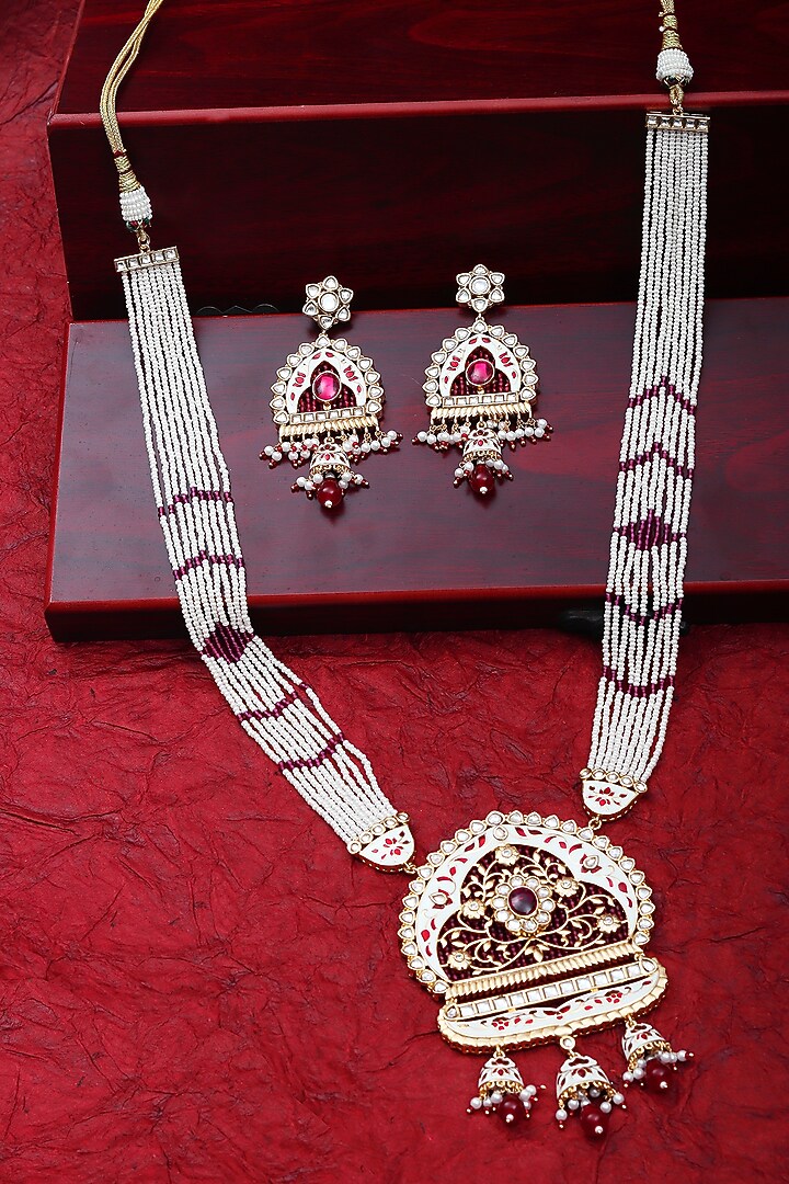 Gold Finish Beaded & Kundan Polki Meenakari Mala Set by Akulya Jewels at Pernia's Pop Up Shop