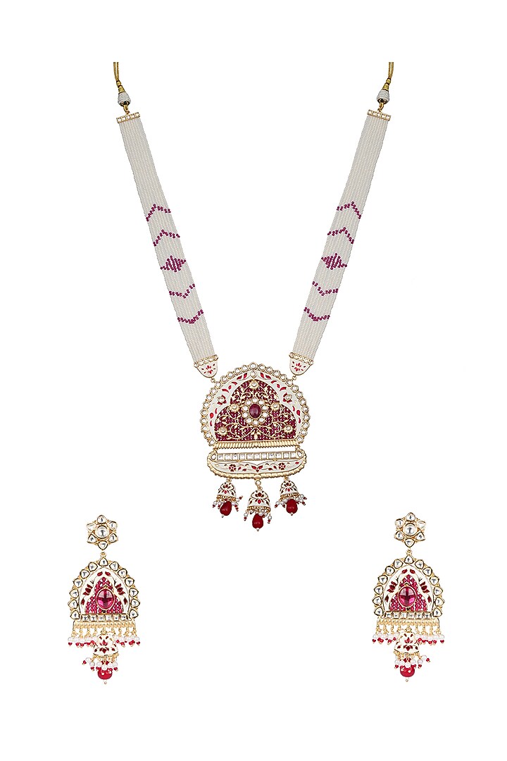 Gold Finish Beaded & Kundan Polki Meenakari Mala Set by Akulya Jewels at Pernia's Pop Up Shop