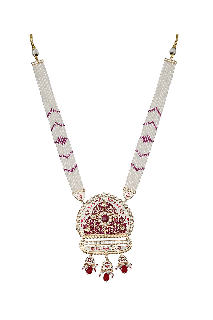 Gold Finish Beaded & Kundan Polki Meenakari Mala Set by Akulya Jewels at Pernia's Pop Up Shop