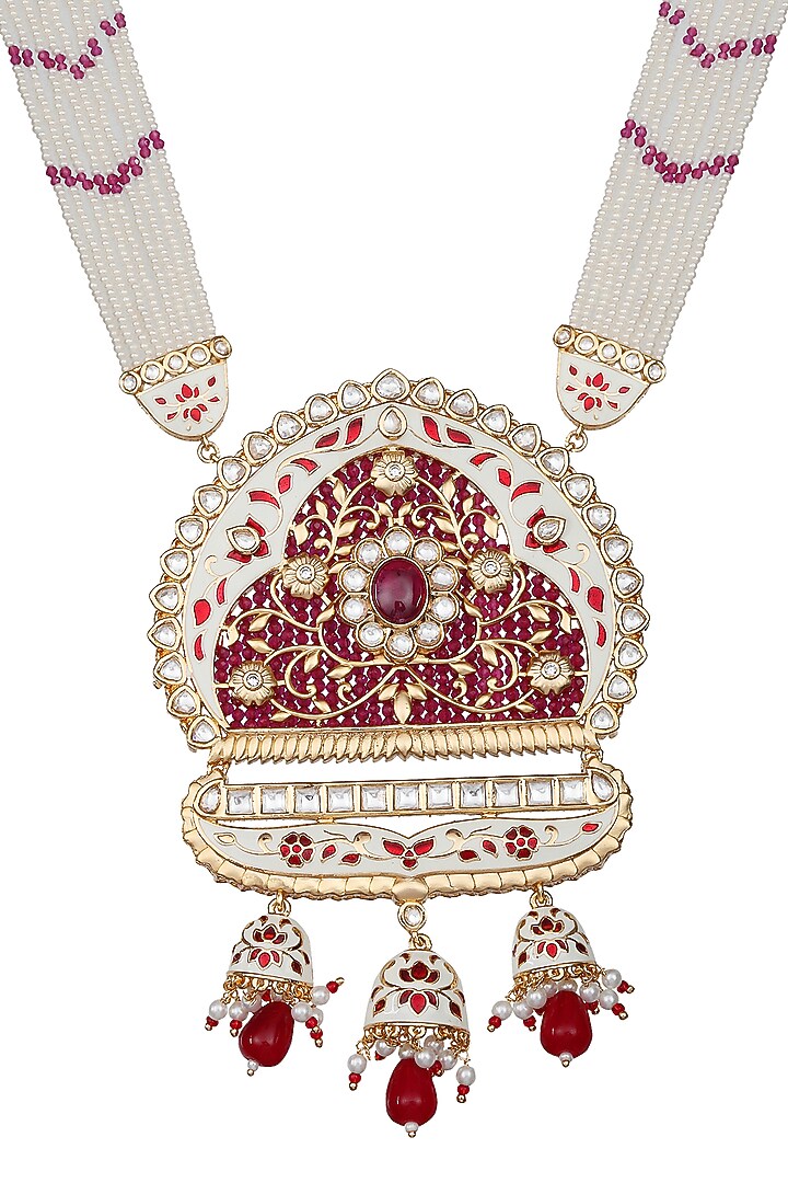 Gold Finish Beaded & Kundan Polki Meenakari Mala Set by Akulya Jewels at Pernia's Pop Up Shop