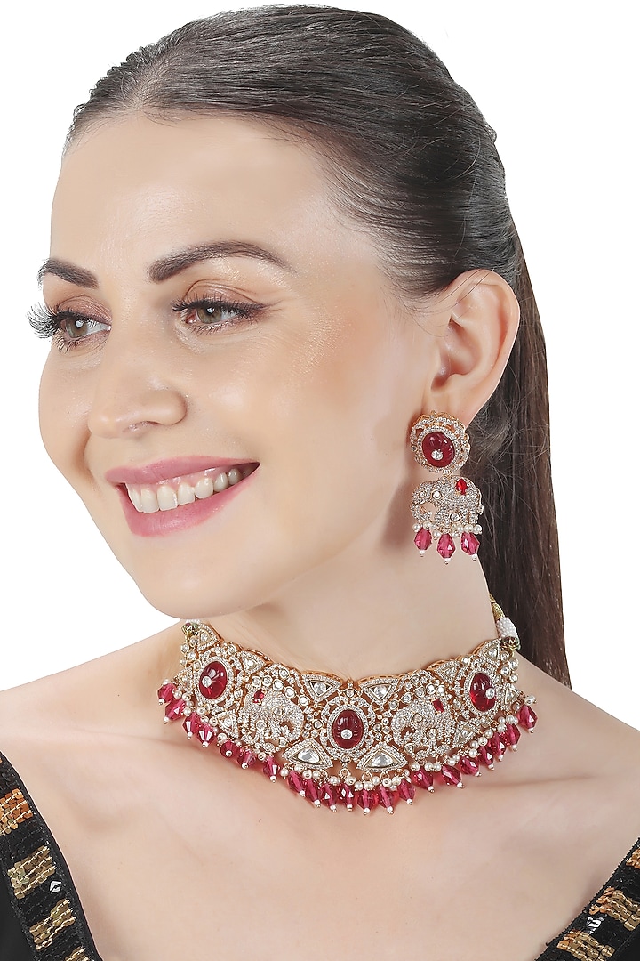 Gold Finish Beaded & Kundan Polki Choker Necklace Set by Akulya Jewels at Pernia's Pop Up Shop