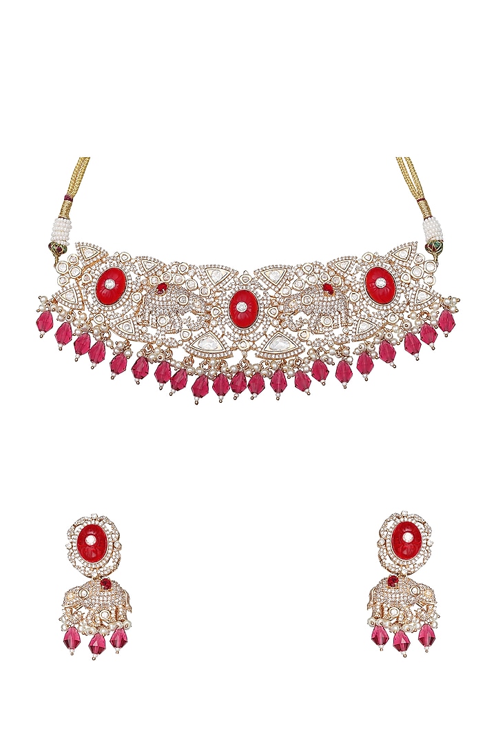 Gold Finish Beaded & Kundan Polki Choker Necklace Set by Akulya Jewels at Pernia's Pop Up Shop