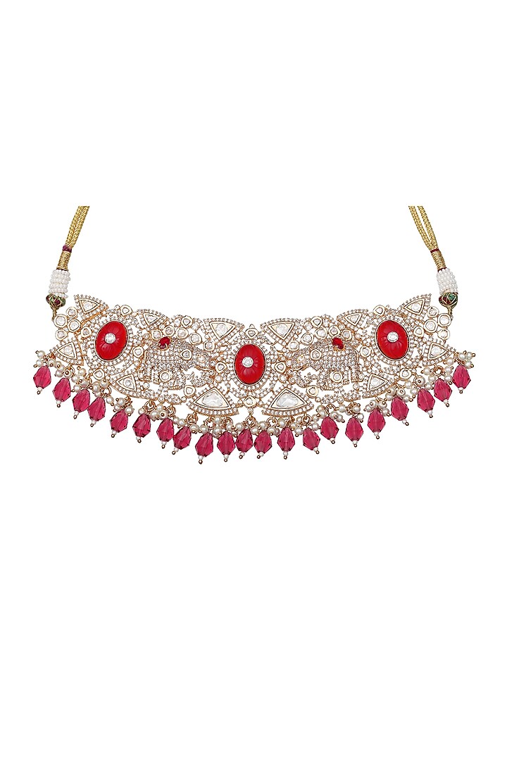 Gold Finish Beaded & Kundan Polki Choker Necklace Set by Akulya Jewels at Pernia's Pop Up Shop
