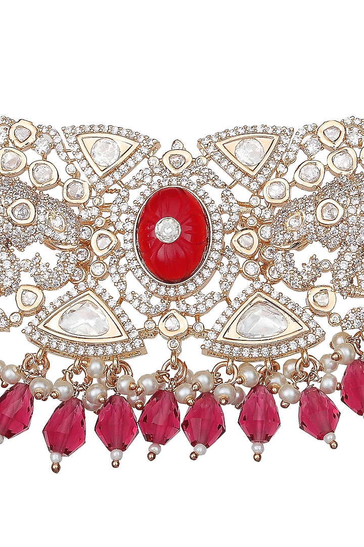 Gold Finish Beaded & Kundan Polki Choker Necklace Set by Akulya Jewels at Pernia's Pop Up Shop