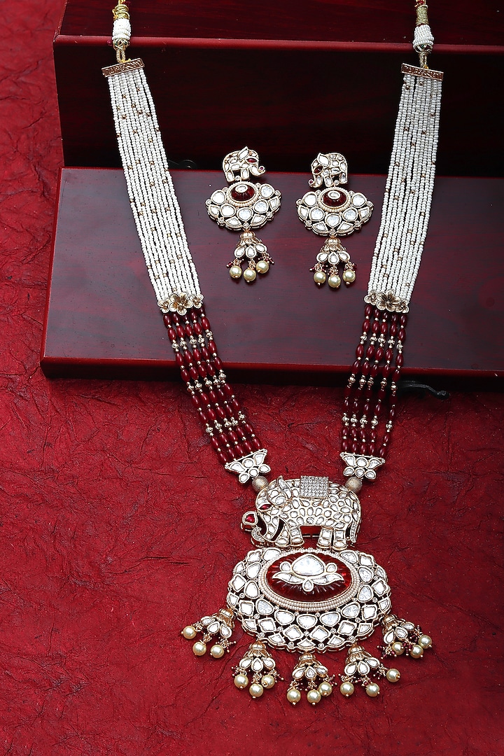 Gold Finish Pearl Beaded & Kundan Polki Mala Set by Akulya Jewels at Pernia's Pop Up Shop