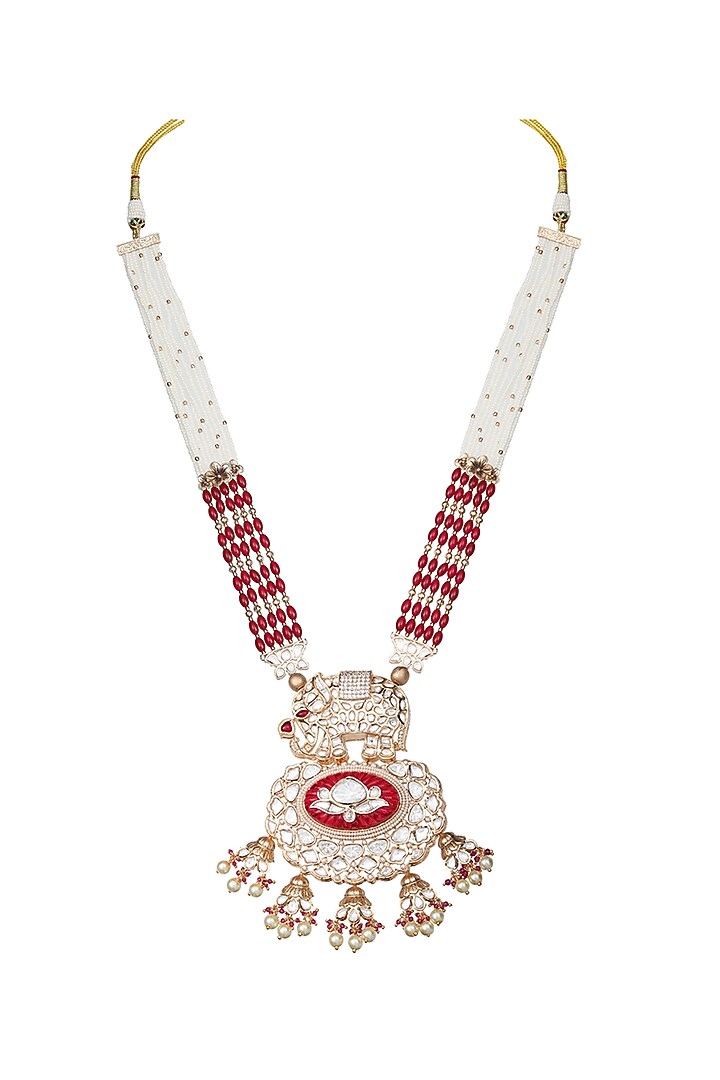 Gold Finish Pearl Beaded & Kundan Polki Mala Set by Akulya Jewels at Pernia's Pop Up Shop