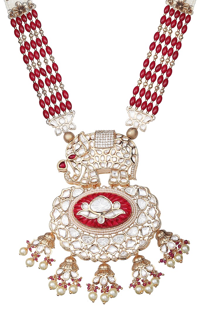Gold Finish Pearl Beaded & Kundan Polki Mala Set by Akulya Jewels at Pernia's Pop Up Shop