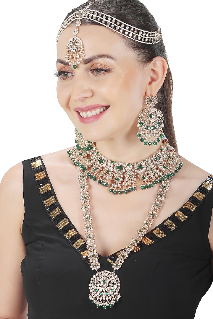 Gold Finish Green Stone & Kundan Polki Choker Necklace Set by Akulya Jewels at Pernia's Pop Up Shop