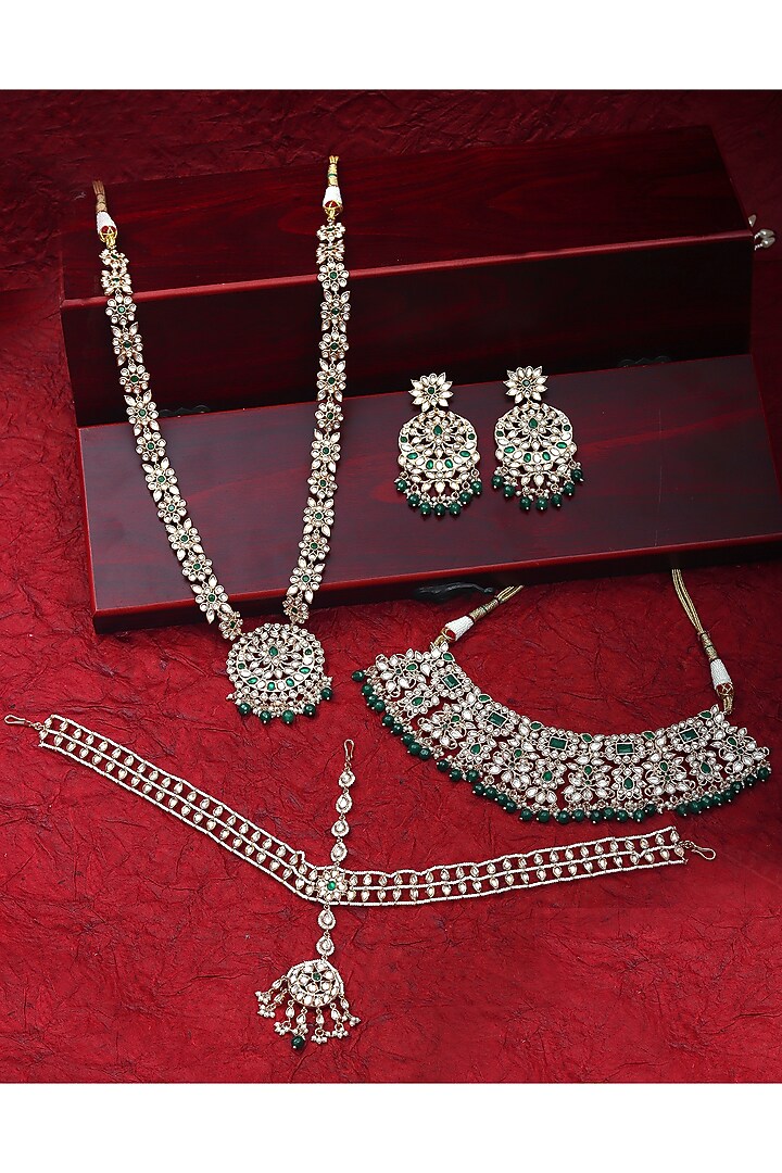 Gold Finish Green Stone & Kundan Polki Choker Necklace Set by Akulya Jewels at Pernia's Pop Up Shop