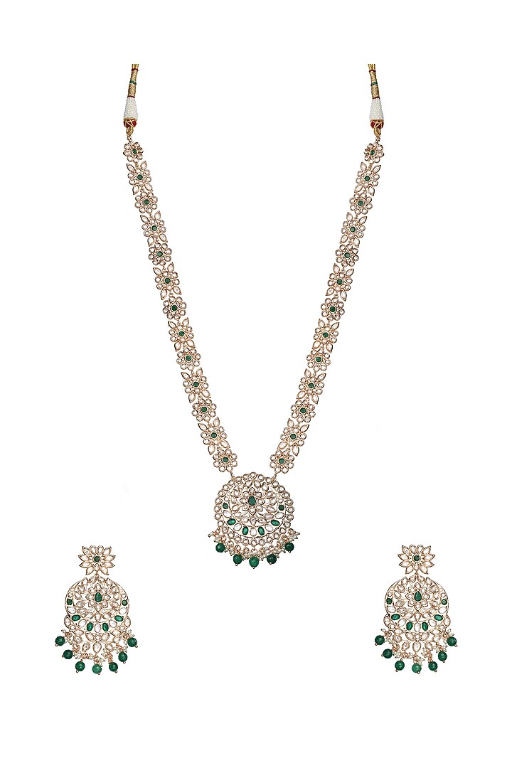 Gold Finish Green Stone & Kundan Polki Choker Necklace Set by Akulya Jewels at Pernia's Pop Up Shop