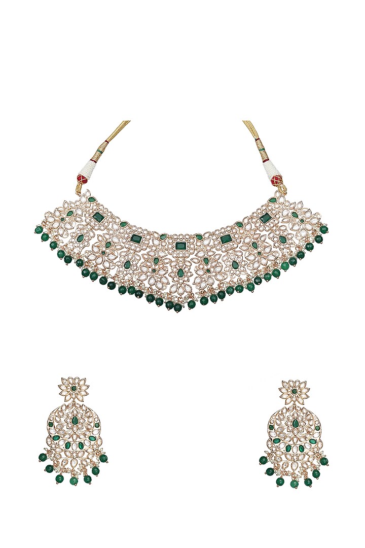 Gold Finish Green Stone & Kundan Polki Choker Necklace Set by Akulya Jewels at Pernia's Pop Up Shop