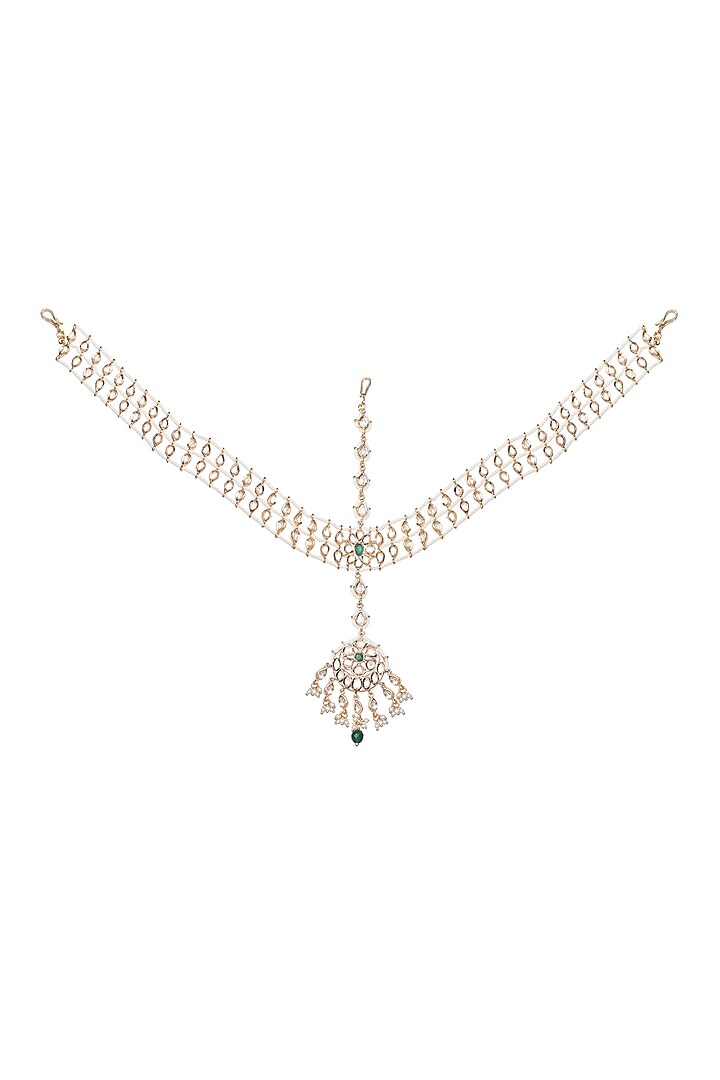Gold Finish Green Stone & Kundan Polki Choker Necklace Set by Akulya Jewels at Pernia's Pop Up Shop