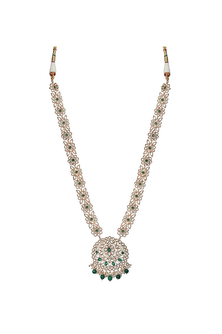 Gold Finish Green Stone & Kundan Polki Mala Set by Akulya Jewels at Pernia's Pop Up Shop