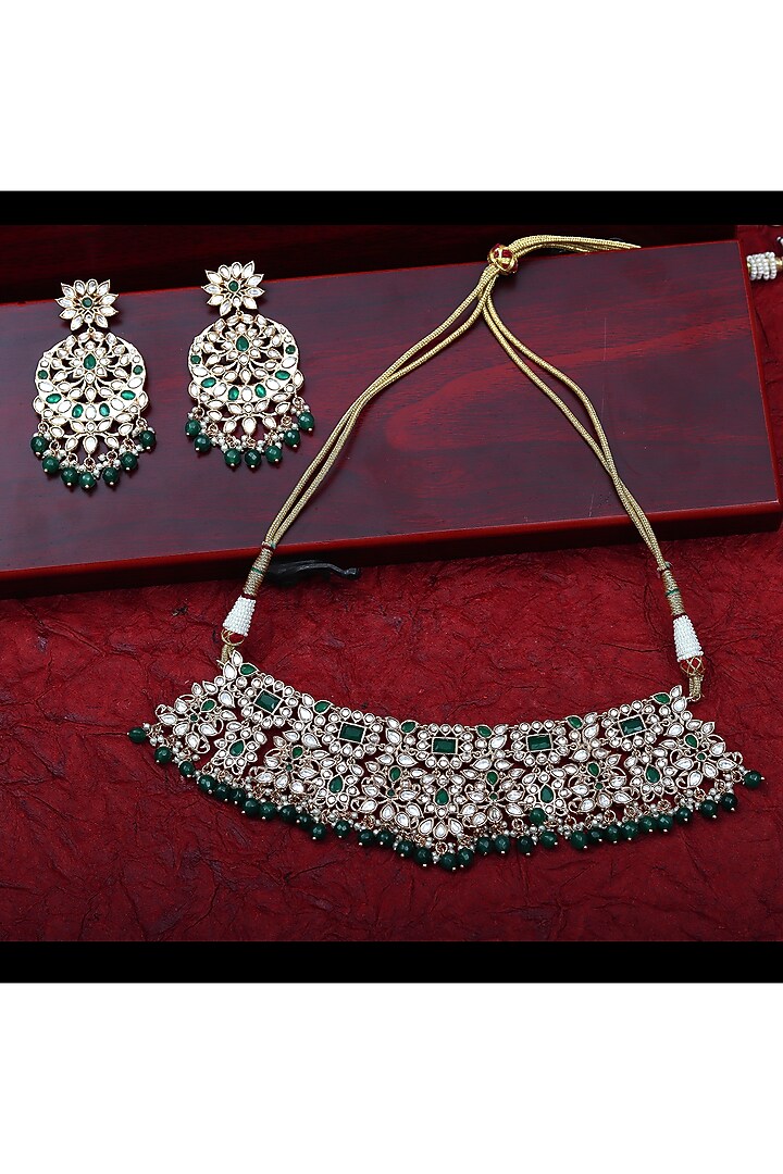 Gold Finish Green Stone & Kundan Polki Choker Necklace Set by Akulya Jewels at Pernia's Pop Up Shop