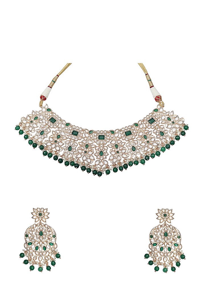 Gold Finish Green Stone & Kundan Polki Choker Necklace Set by Akulya Jewels