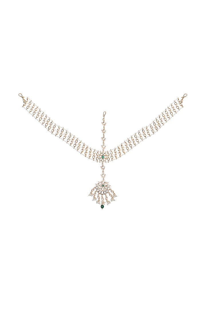 Gold Finish Green Stone & Kundan Polki Choker Necklace Set by Akulya Jewels at Pernia's Pop Up Shop