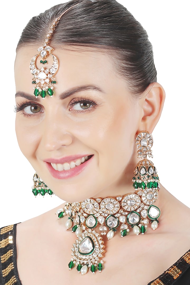 Gold Finish Green Stone & Kundan Polki Choker Necklace Set by Akulya Jewels at Pernia's Pop Up Shop