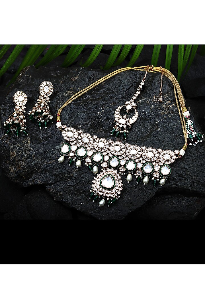 Gold Finish Green Stone & Kundan Polki Choker Necklace Set by Akulya Jewels at Pernia's Pop Up Shop